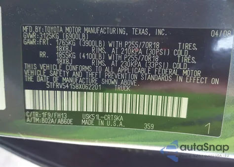 2008 Toyota Tundra Base 5.7L V8 z USA, uszkodzony, nr VIN 5TFRV54158X062201